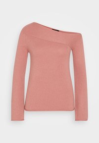 Pull en maille rose à côtes avec un design décolleté, manches longues et silhouette ajustée. Texture douce et finition lisse.
