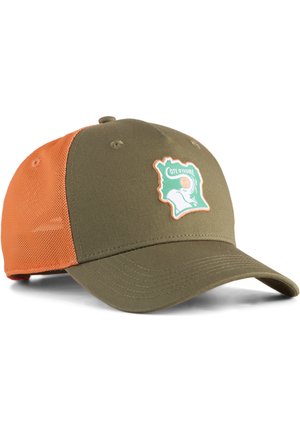 Gorra de béisbol con frontal verde oliva y parte trasera de malla naranja, con un parche con un mapa verde y un diseño de elefante blanco.