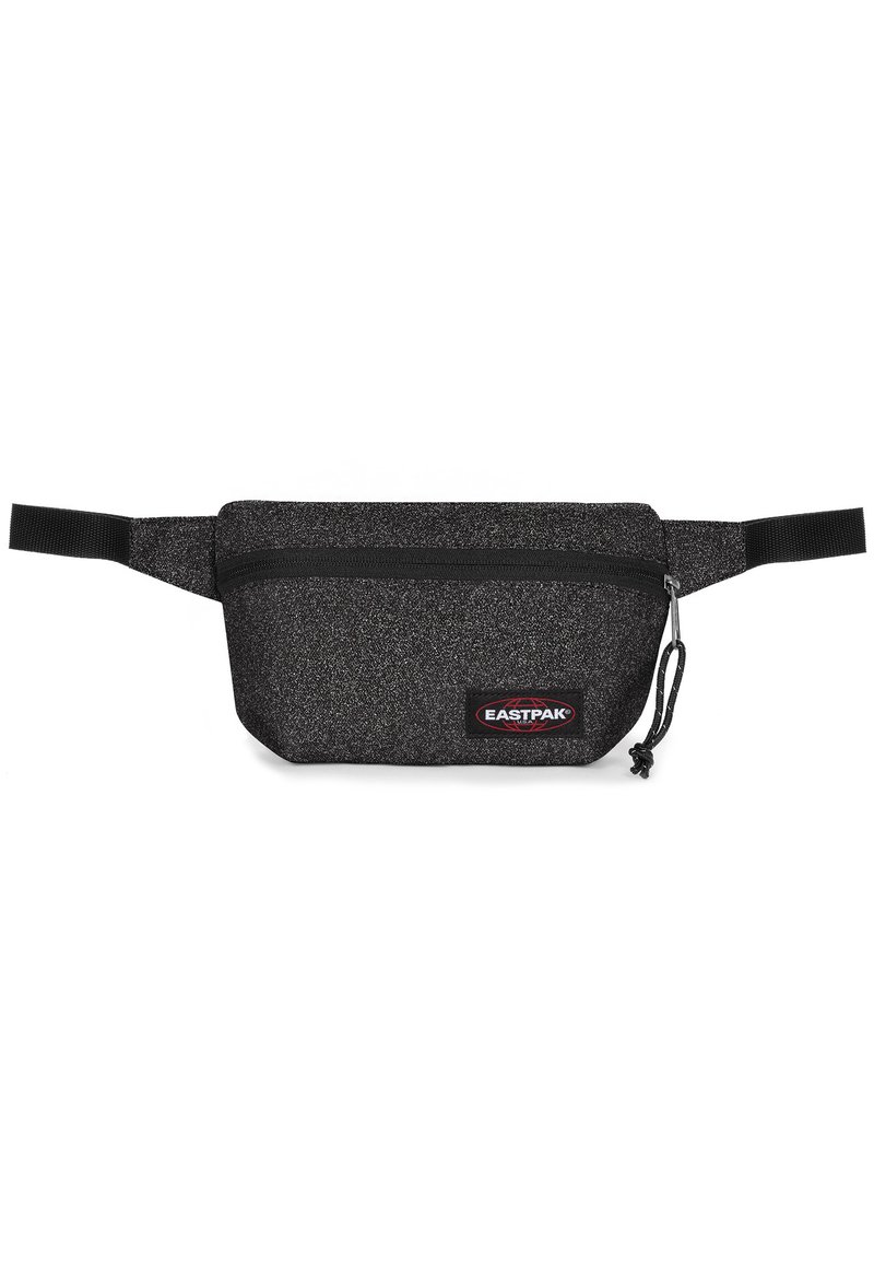 Borsa a vita nera con finitura testurizzata, dotata di tasca frontale con zip e tracolla regolabile. Patch con logo Eastpak sul lato.