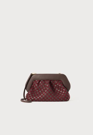 Woven burgundy and grey handbag with a brown leather top and a gathered design. Features a shoulder strap and gold hardware accents.