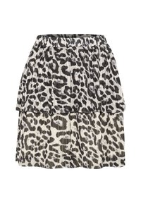 Jupe plissée noir et blanc présentant un design superposé avec un motif léopard et une taille élastique.