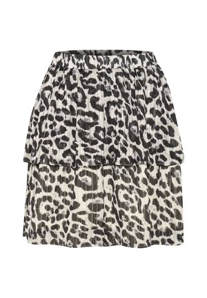 Svart och vit plisserad kjol med en lagerdesign och ett leopardtrycksmönster samt ett elastiskt midjeband.