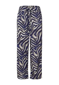 Wide-leg pants in a navy and cream zebra pattern. Made from lightweight fabric, featuring an elastic waistband and adjustable drawstring.