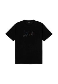 Zwarte katoenen t-shirt met korte mouwen, voorzien van een kleurrijke grafische print van twee speelse figuren op de voorkant.