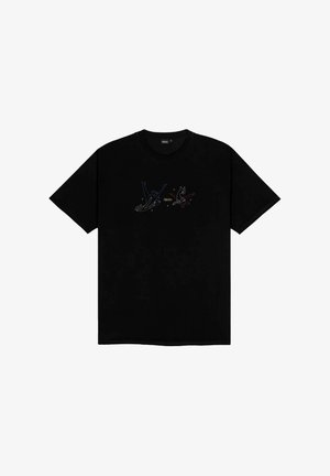 T-shirt noir en coton à manches courtes avec un design graphique coloré représentant deux personnages fantaisistes sur le devant.