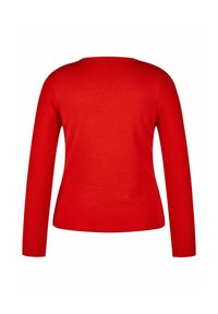 Roter Strickpullover mit langen Ärmeln, Rundhalsausschnitt und glatter Textur. Keine sichtbaren Muster oder Metallteile. Klassisches, lässiges Design.