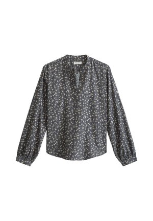 Donkerblauwe blouse met lange mouwen, bedrukt met een klein wit bloemenpatroon, V-hals en elastische manchetten.