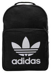 Black backpack with large white Adidas logo, made from durable fabric, features a zip closure, and a sturdy top handle.