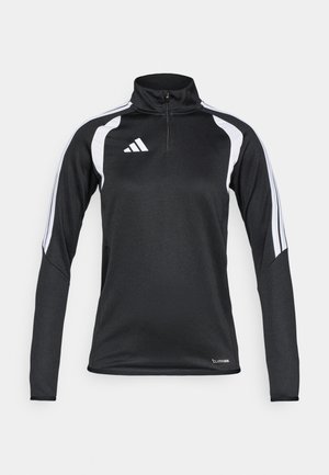 Must sportlik pullover kõrge kaelusega, valgete külgplokkide ja kolme valge triibuga varrukatel. Omadusteks lühike lukk ja voolujooneline istuvus.