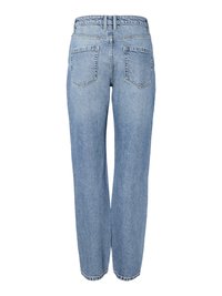 Aizmugures skats uz gaiši ziliem taisnstūra piegriezuma džinsiem ar divām aizmugurējām kabatām un jostas cilpām jostasvietā.