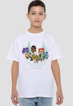 White cotton T-shirt featuring cartoon characters from Star Wars, with a round graphic text “THE FORCE IS WITH US!” in vibrant colors.
