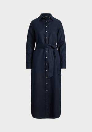 Navy linen shirt dress with a collar, long sleeves, and a tied waist belt. Features front button closures and a straight cut.