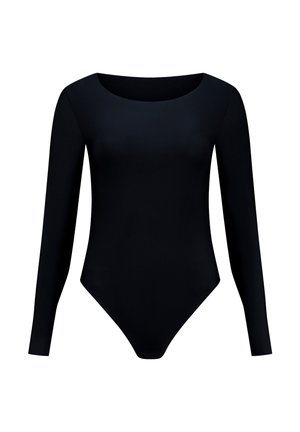 Zwarte long sleeve bodysuit met een ronde halslijn. Gemaakt van een gladde, elastische stof met een aansluitende vorm en een stringmodel aan de onderkant.