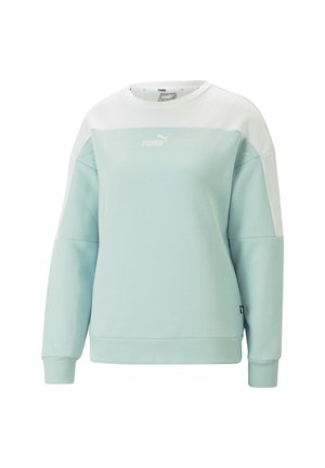 Jasnoniebieska i biała bluza Puma z długimi rękawami i okrągłym dekoltem, z logo Puma na piersi.