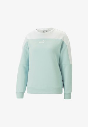 Jasnoniebieska i biała bluza Puma z długimi rękawami i okrągłym dekoltem, z logo Puma na piersi.