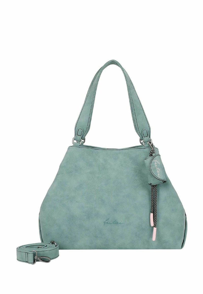 Sac à main vert clair en matériau texturé, doté de deux poignées pour l'épaule, d'une bandoulière amovible et d'une petite étiquette avec un accent décoratif.