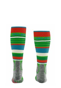 Calze a righe fino al ginocchio con un mix di colori rosso, verde, blu e bianco, dotate di suole grigie imbottite e dettagli con logo nella parte superiore.