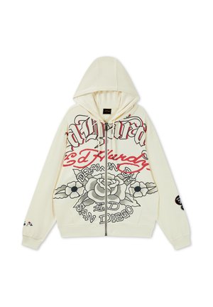 Cremefarbener Kapuzenpullover mit Reißverschluss, schwarzer und roter Ed Hardy Schrift, großem blumen-Tattoo-Design und dem Schriftzug "San Diego" auf der Vorderseite.