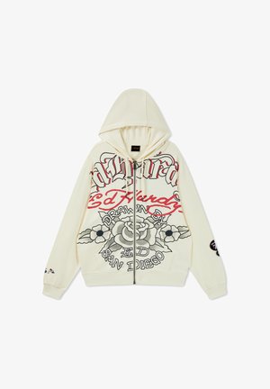 Cream zip-up hoodie with black and red Ed Hardy script, large floral tattoo-style design, and "San Diego" text on front.