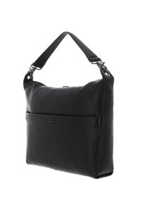 Sac à main en cuir noir avec une surface texturée, une poignée supérieure unique et un compartiment zippé. Comprend une poche avant et des éléments métalliques décoratifs.