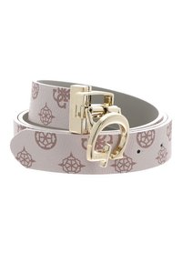Cintura in pelle di un rosa chiaro con motivi geometrici a rilievo, dotata di una fibbia regolabile in tono dorato e di un'estremità arrotondata.