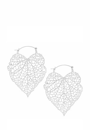Silver-tone hoop earrings with intricate filigree design resembling detailed lace-like heart-shaped leaves.