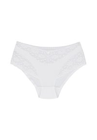 Weißer, hochgeschnittener Slip aus glattem Stoff mit Blumen-Spitzenakzenten an den Seiten und einer gewellten Kante.