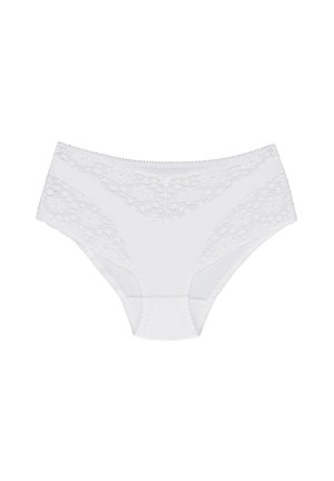 White high-waisted panties made of smooth fabric with floral lace accents on the sides and a scalloped edge.