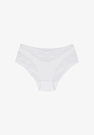 White high-waisted panties made of smooth fabric with floral lace accents on the sides and a scalloped edge.