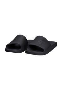 Paire de sandales en caoutchouc noires sans lacets avec une empreinte de patte embossée sur chaque sangle, isolées sur fond blanc.