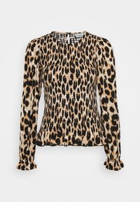 Blusa a maniche lunghe con stampa floreale caratterizzata da un design arricciato, con scollo rotondo, in tonalità di beige, nero e marrone. Polsini a balze.