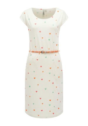 Biała sukienka z krótkim rękawem ozdobiona małymi czerwonymi, pomarańczowymi i zielonymi wzorami serc, z okrągłym dekoltem i cienkim wielokolorowym plecionym paskiem w talii.