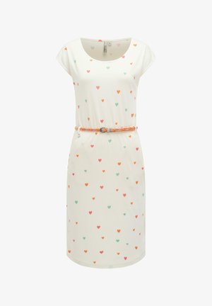 Valkoinen lyhythihainen mekko, jossa on pieniä punaisen, oranssin ja vihreän sydänkuvioita, pyöreä pääntie ja ohut monivärinen punottu vyö vyötäröllä.