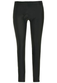 Schwarze, körperbetonte Leggings aus einem glänzenden, glatten Material. Mit einem runden Einsatz im Schritt und einem breiten Taillenbund.
