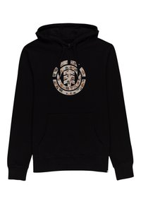 Felpa nera con cappuccio, dotata di tasca anteriore a forma di canguro, caratterizzata da un logo con motivo camouflage al centro. Realizzata in un tessuto morbido e texture.
