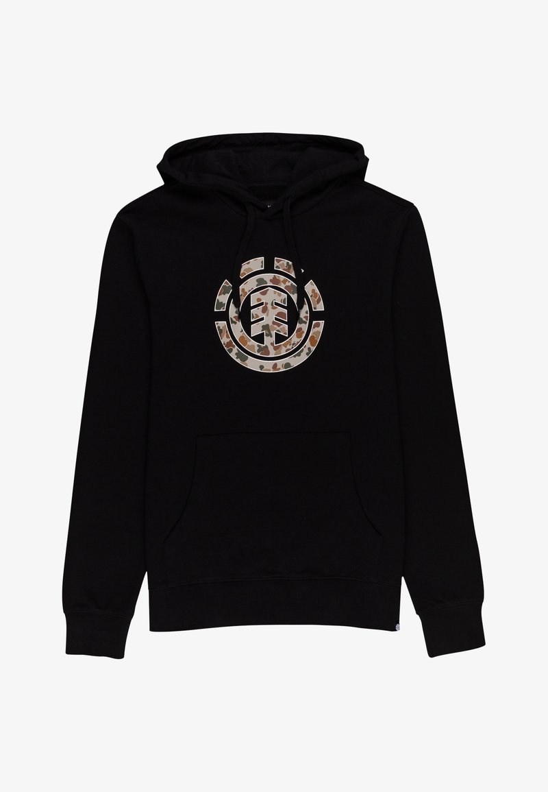 Felpa nera con cappuccio, dotata di tasca anteriore a forma di canguro, caratterizzata da un logo con motivo camouflage al centro. Realizzata in un tessuto morbido e texture.