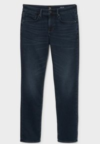 Tmavě modré džíny z denimu s rovnými nohavicemi. Mají pět kapes, zapínání na knoflíky a jemné vyblednutí na přední straně.