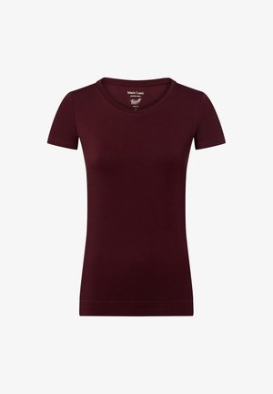 Burgunderfarbenes T-Shirt mit kurzen Ärmeln aus weicher Baumwolle, ausgestattet mit einem runden Ausschnitt und einer schmalen Passform. Minimalistischer Stil mit klaren Linien.