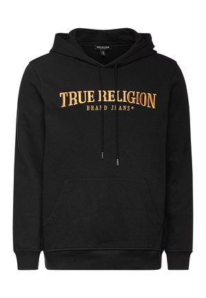 Sweat-shirt à capuche noir avec une poche avant. Présente un texte brodé en or "TRUE RELIGION BRAND JIANS." Fabriqué en tissu doux, coupe décontractée.