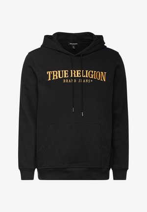 Czarna bluza z kapturem z przednią kieszenią. Zawiera złoty haftowany tekst "TRUE RELIGION BRAND JIANS". Wykonana z miękkiego materiału, luźny krój.