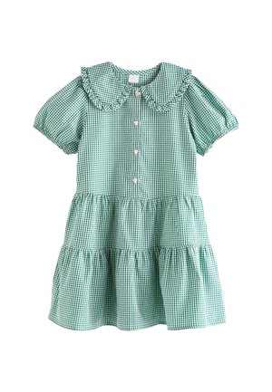 Grünes und weißes Vichykaro-Kleid mit kurzen Puffärmeln, Vorderknöpfen, einem Rüschensaum und einem gestuften Rock. Aus glattem Baumwollstoff.