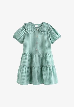 Grünes und weißes Vichykaro-Kleid mit kurzen Puffärmeln, Vorderknöpfen, einem Rüschensaum und einem gestuften Rock. Aus glattem Baumwollstoff.