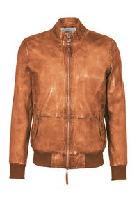 Bruine leren bomberjack met een ritssluiting aan de voorkant, geribbelde manchetten en twee zijzakken. Heeft een gestructureerde afwerking en een smalle kraag.