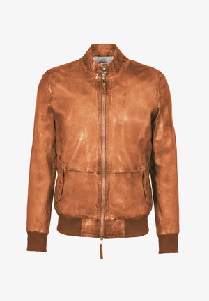Bruine leren bomberjack met een ritssluiting aan de voorkant, geribbelde manchetten en twee zijzakken. Heeft een gestructureerde afwerking en een smalle kraag.