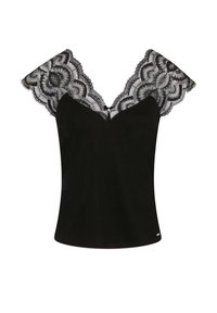 Mustapaita, jossa on syvä V-muotoinen kaula-aukko ja leveät mustat pitsiset hihansuut, joissa on monimutkaisia kuvioita. Sujuva tekstuuri, istuva muoto ja ilman näkyvää metalliosaa.