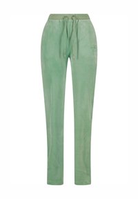 Grønne velour joggere med elastisk liv, justerbar snor og sidebroderi. Glatt tekstur og tapered ben design.