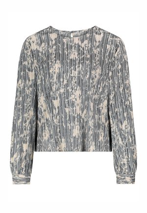Gray and cream long-sleeve top; textured, patterned fabric with subtle pleats; round neckline with back button closure; relaxed fit.