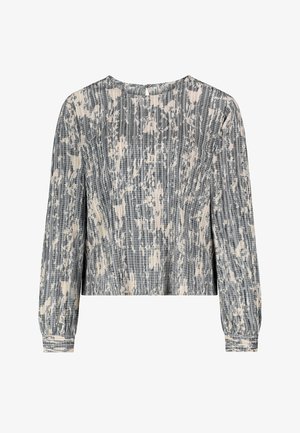 Gray and cream long-sleeve top; textured, patterned fabric with subtle pleats; round neckline with back button closure; relaxed fit.
