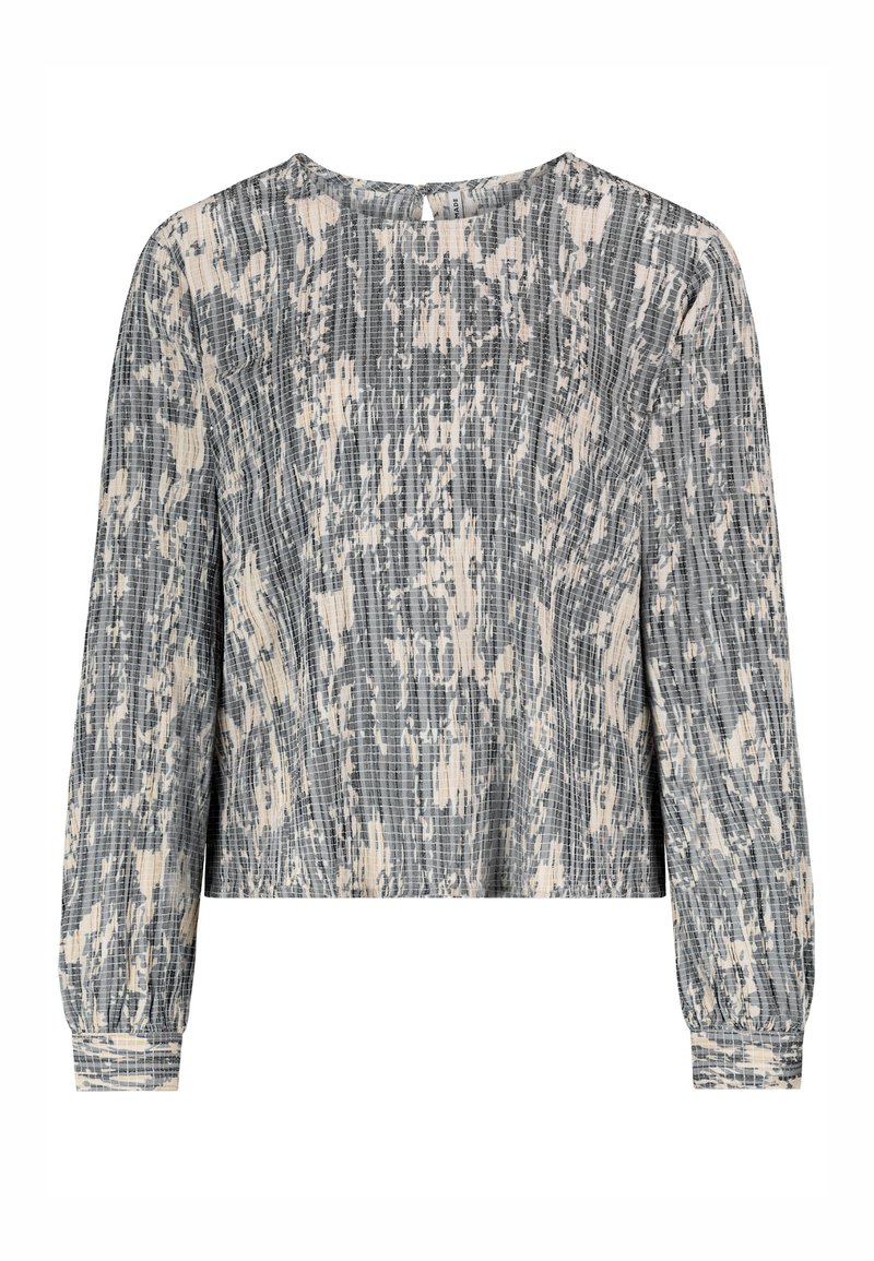 Grauer und cremefarbener Langarmtop; strukturiertes, gemustertes Gewebe mit subtilen Falten; runder Ausschnitt mit Knopfverschluss hinten; lockere Passform.