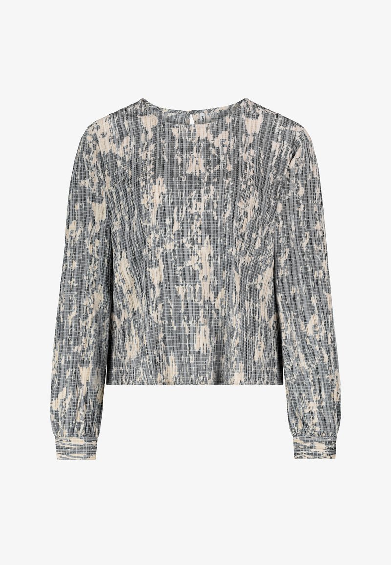 Grauer und cremefarbener Langarmtop; strukturiertes, gemustertes Gewebe mit subtilen Falten; runder Ausschnitt mit Knopfverschluss hinten; lockere Passform.